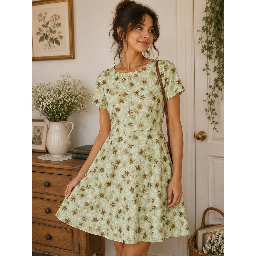 Vintage‎ Y2K Pistachio Green Floral Cottagecore Dress Fit Flare Size 10